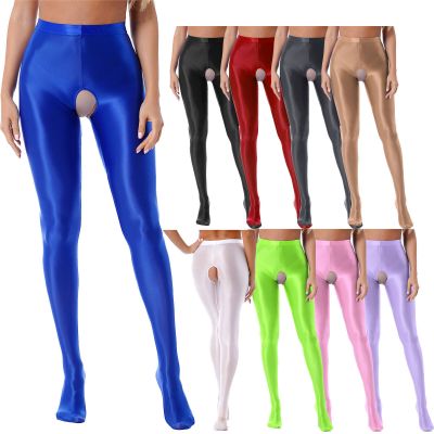 US Womens Glossy Crotchless Oil Shiny Pantyhose High Waist Tights Training Pants